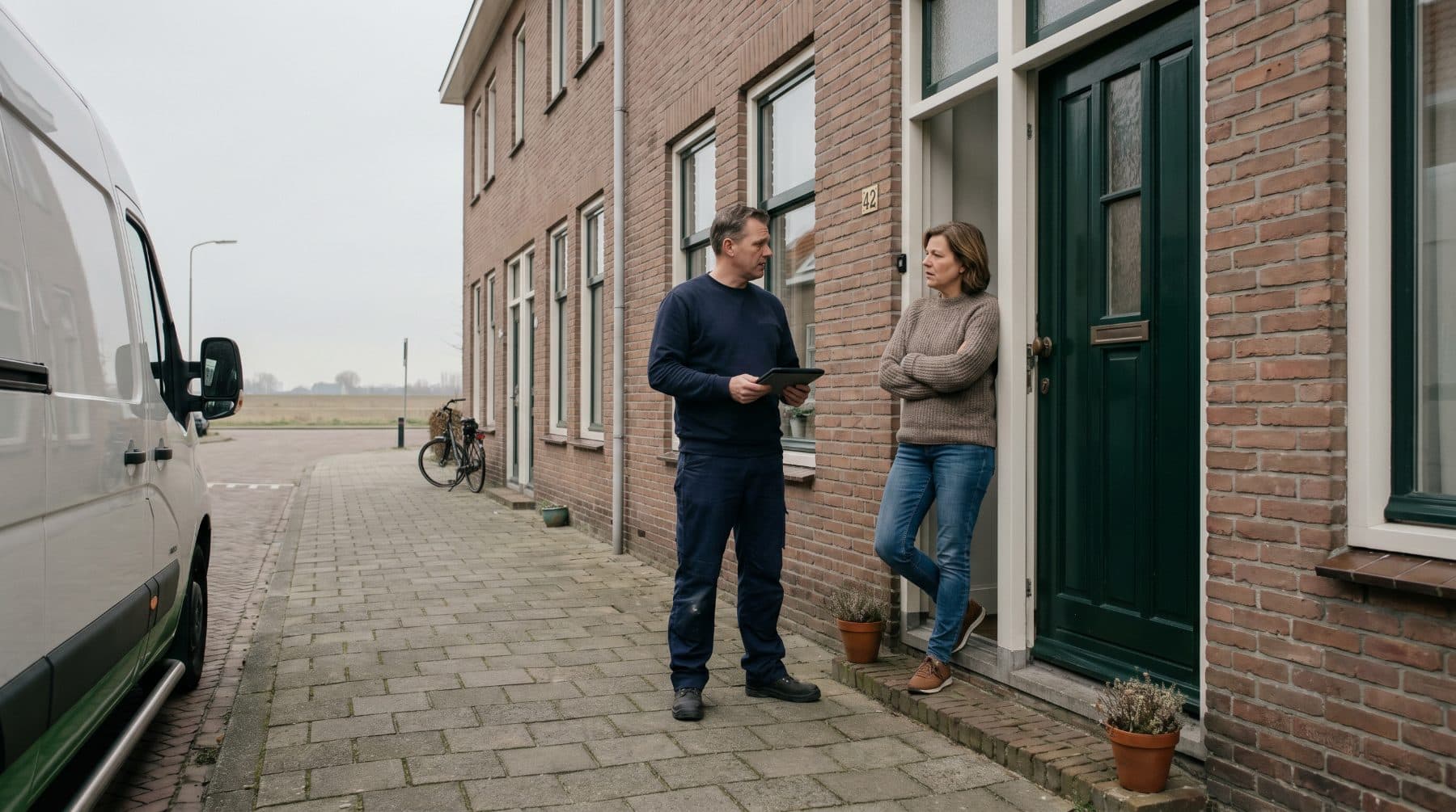 Een installateur in donkere werkkleding staat met een tablet naast een huiseigenaar op de stoep voor een Nederlands rijtjeswoning, in zacht bewolkt licht.
