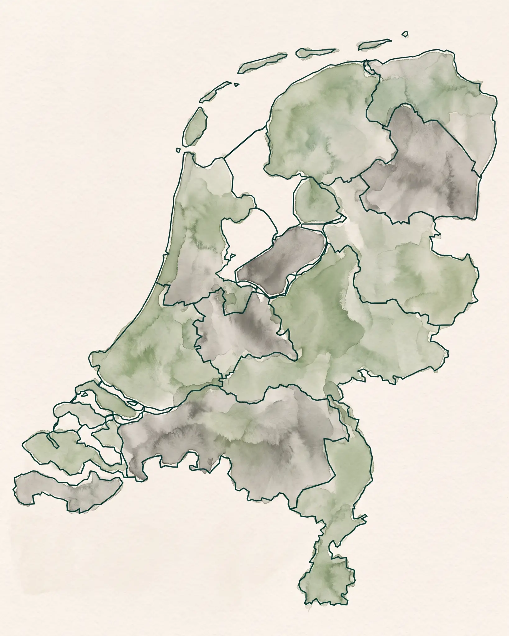 Aquarelkaart van het westelijke en zuidelijke deel van Nederland